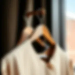 Elegant wooden coat hanger displaying a designer garment