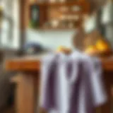Elegant lavender kitchen towel draped over a rustic wooden table