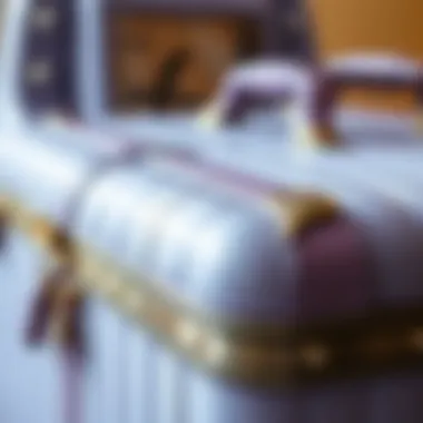 Close-up of the intricate craftsmanship of a lilac suitcase