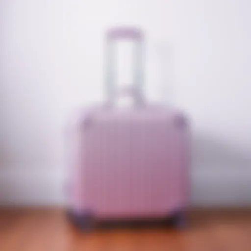 A sophisticated lilac suitcase displayed against a minimalist backdrop