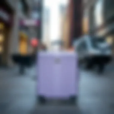 The lilac suitcase showcased in an urban travel setting