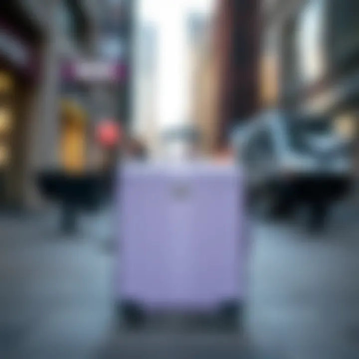 The lilac suitcase showcased in an urban travel setting