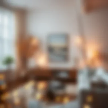 Cozy living room featuring willow branches with lights as decor