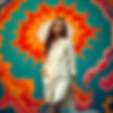 Fashionable styling of a long shirt with side slits on a vibrant backdrop