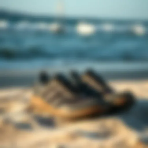 A pair of high-performance water shoes resting on sandy beach