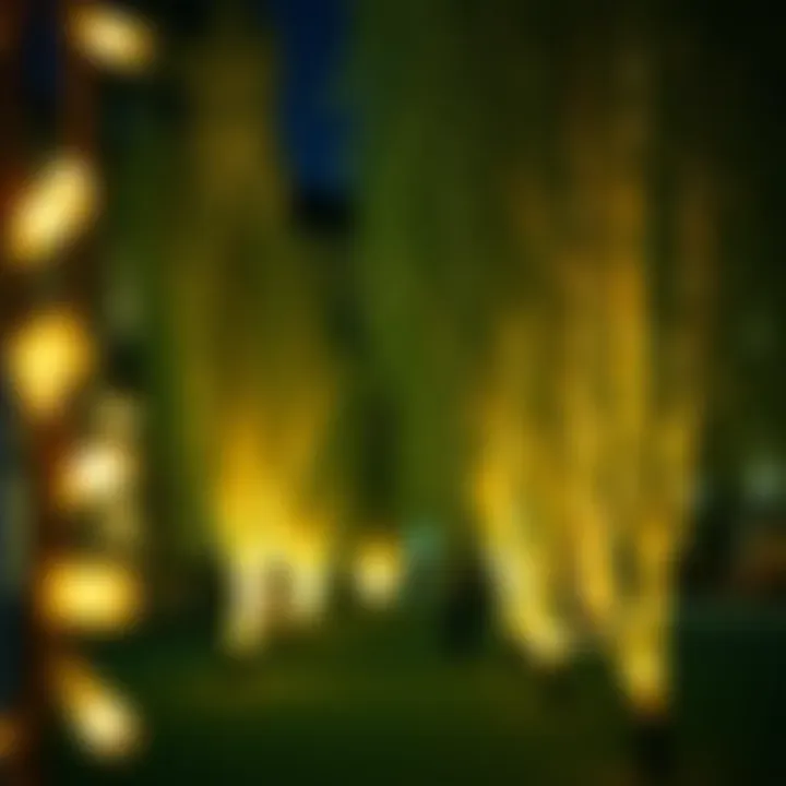 Outdoor setting showcasing willow branches illuminated at night