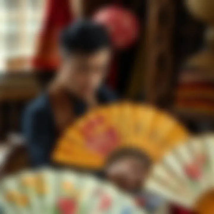 Artisan Crafting with Quality Silk Artisan selecting high-quality silk for fans