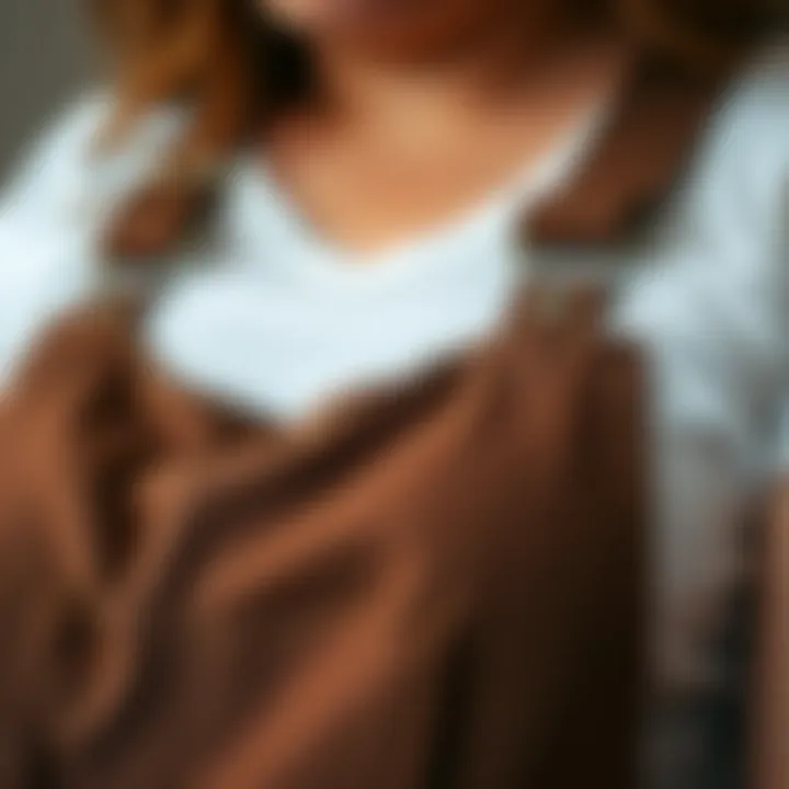 Close-up of fabric texture for plus size brown overalls