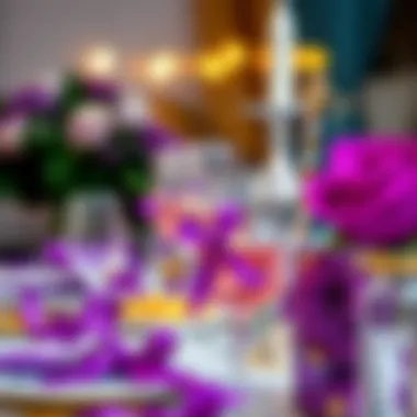 Beautifully arranged purple and gold themed party favors