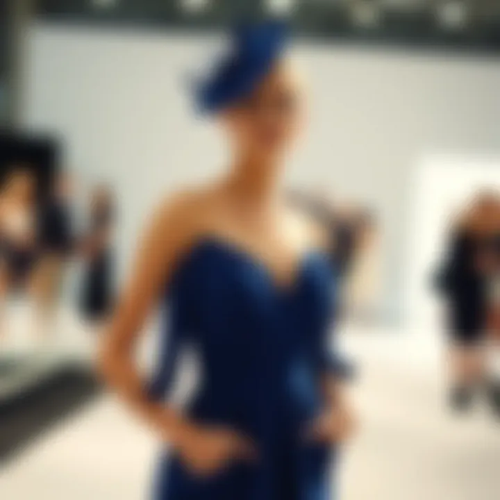 An elegant model showcasing a royal blue derby dress at a fashion event