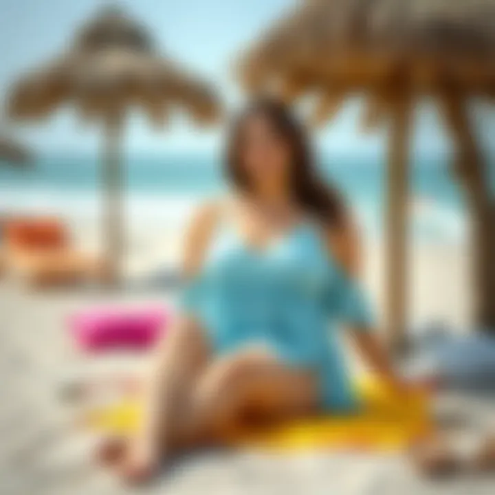 Trendy seasonal colors for plus size bathing dresses on a beach layout