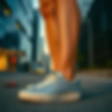 A stylish person wearing silver sparkly tennis shoes in an urban setting