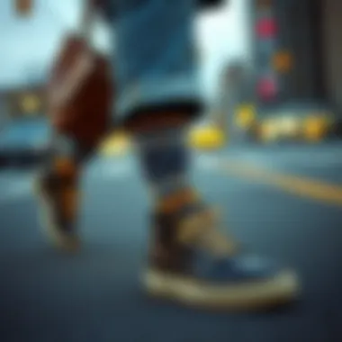 A fashion-forward individual pairing socks with trendy shoes and outfits, emphasizing personal style.