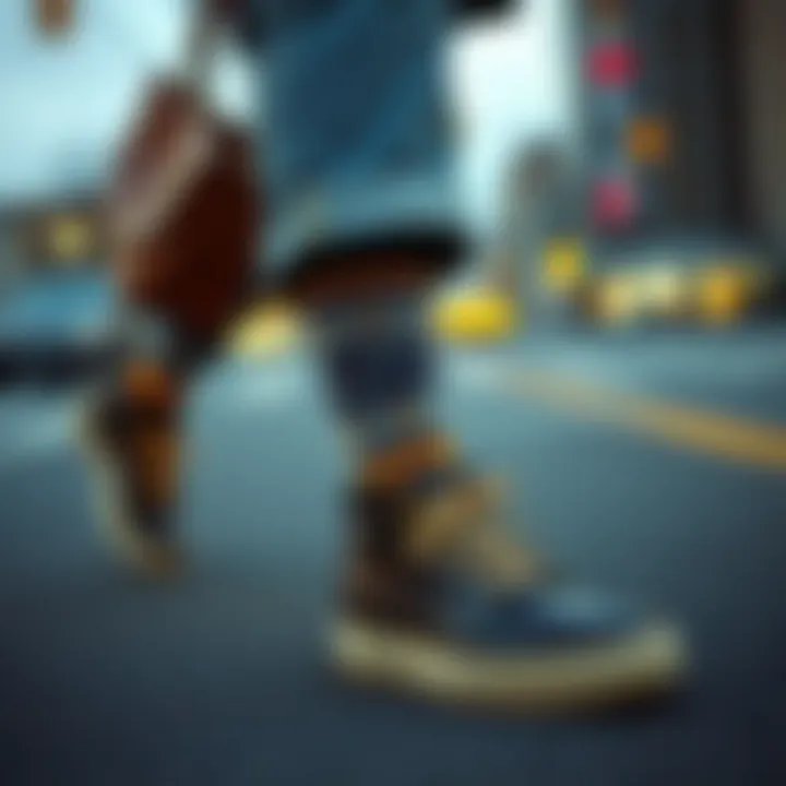 A fashion-forward individual pairing socks with trendy shoes and outfits, emphasizing personal style.