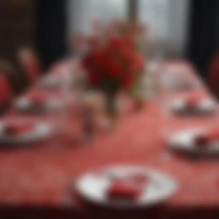 Elegant dining setup featuring a vibrant red patterned tablecloth