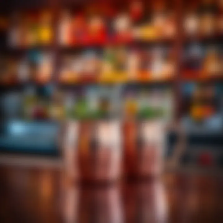 Stylish Bar Setting with Stainless Steel Mugs Stylish stainless steel Moscow Mule mugs in a modern bar setting