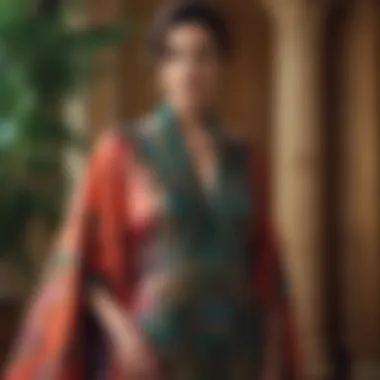 Vibrant Peacock Caftan Elegance Vibrant peacock caftan draping elegantly over a stylish model