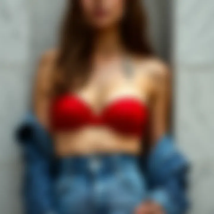 Stylish outfit featuring a red bustier and denim