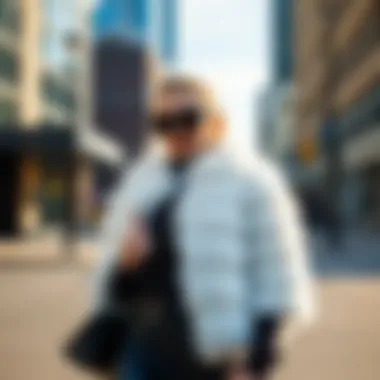 Stylish outfit accessorized with a white fur boa in an urban setting