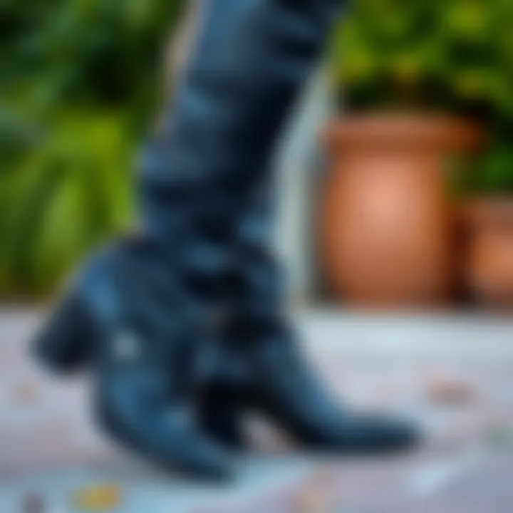 A close-up view highlighting the texture and design of thigh high boots