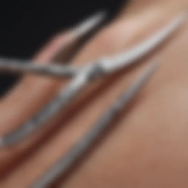 Close-up view of curved eyebrow scissors showcasing intricate design