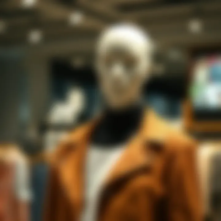 A detailed view of a realistic mannequin showcasing a designer outfit in a boutique setting