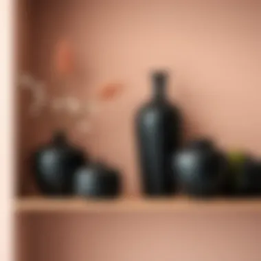 Stylishly arranged black plastic vases on a shelf