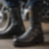 A close-up view of various motorcycle boot styles showcasing their unique designs.