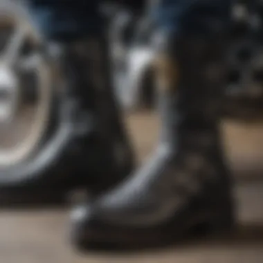 A close-up view of various motorcycle boot styles showcasing their unique designs.