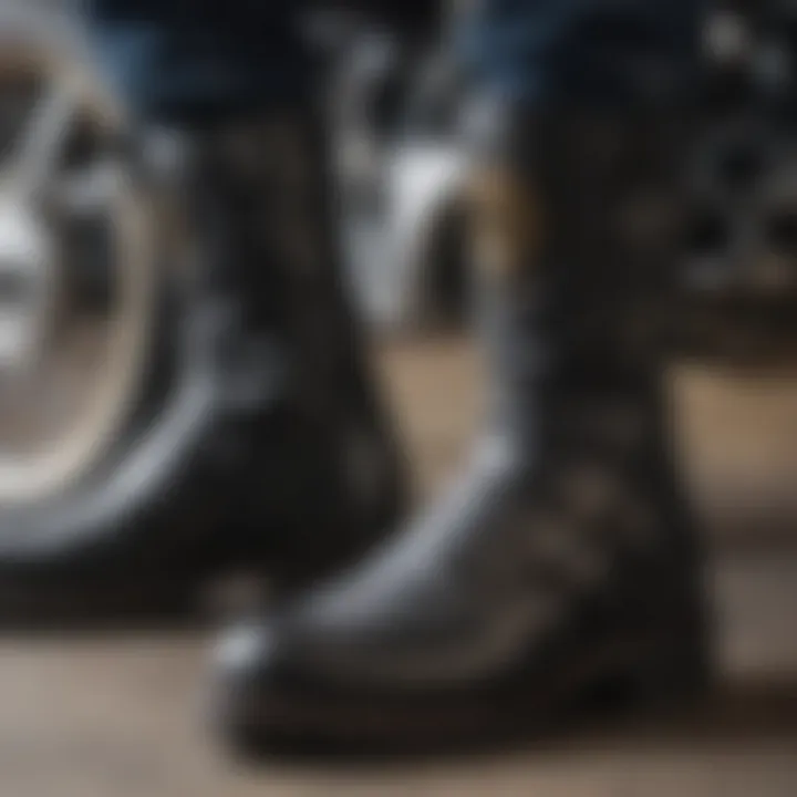 A close-up view of various motorcycle boot styles showcasing their unique designs.