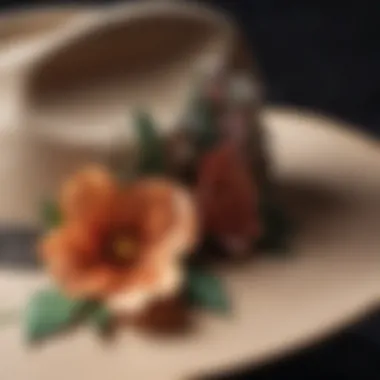 Close-up of a cowboy hat adorned with floral accents