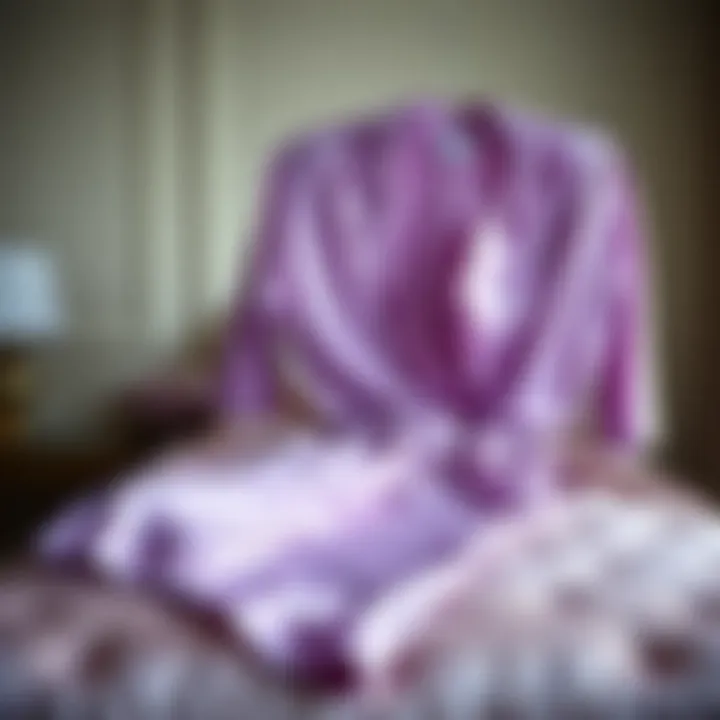 Elegant light purple silk pajamas displayed on a plush bed