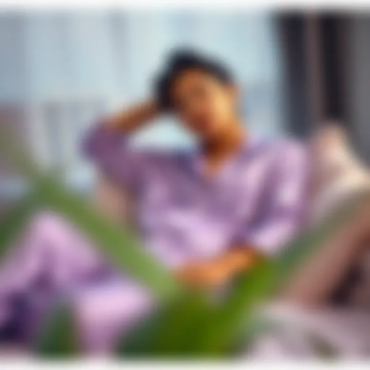 Stylish individual relaxing in light purple silk pajamas