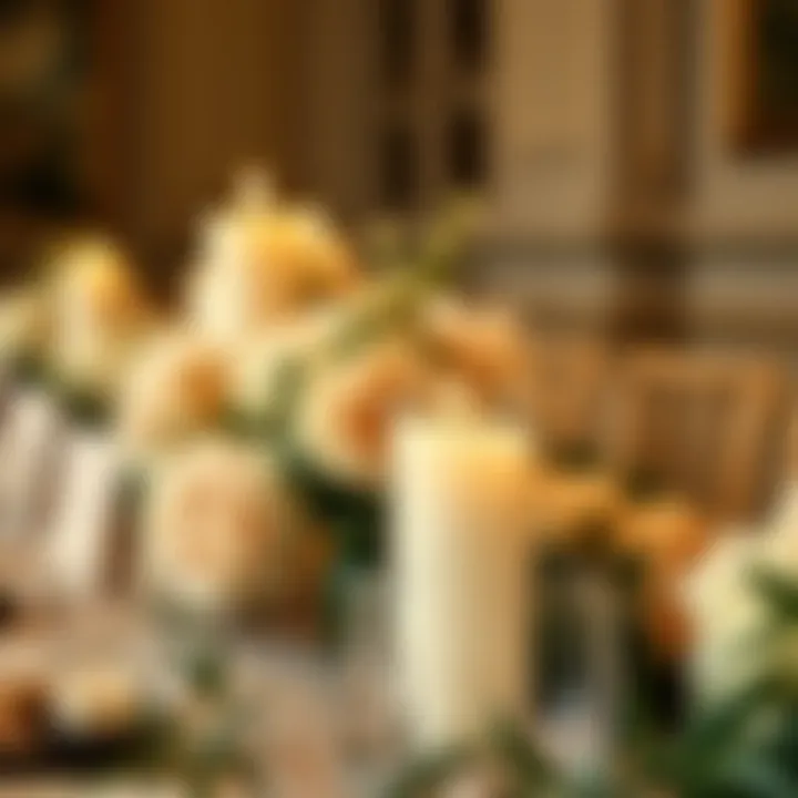 Stylish table setting featuring off white floating candles among floral decor