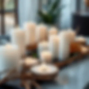 Artistic display of off white floating candles surrounded by natural elements