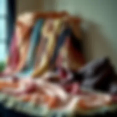 Variety of shawl fabrics displayed on a table