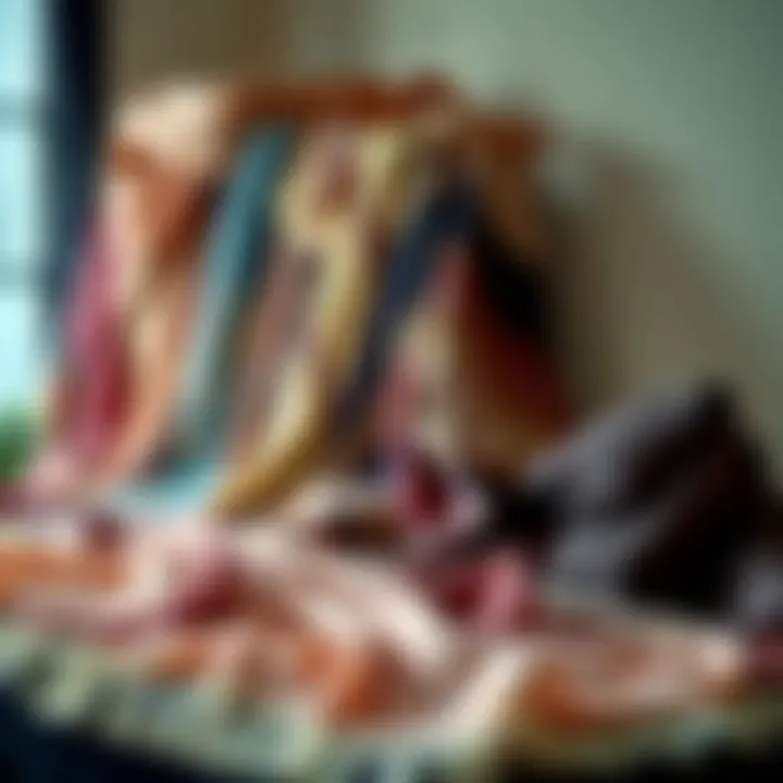 Variety of shawl fabrics displayed on a table