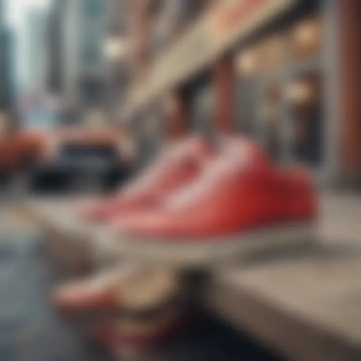 An artistic display of retro shoes against a modern urban backdrop.