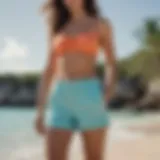 Stylish Bermuda shorts paired with swimwear at a beach setting