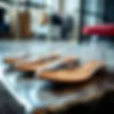 Close-up view of trendy clear flat shoes on a stylish surface