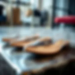 Close-up view of trendy clear flat shoes on a stylish surface