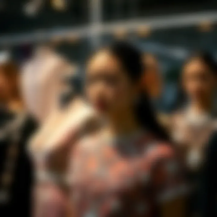 A designer showcasing a collection with diamond-embroidered garments on display