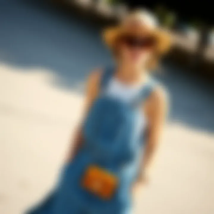 Accessorizing the Denim Overall Fashionable accessories paired with a long denim overall dress