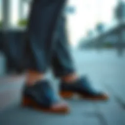 Stylish open toe shoes paired with tailored trousers