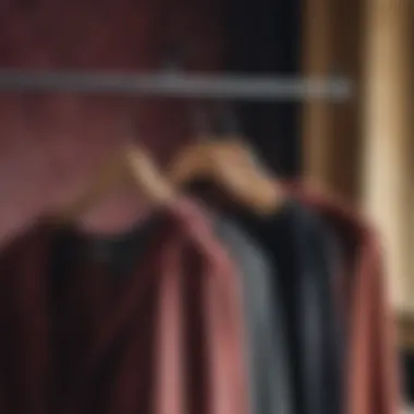 Close-up of strong velvet hanger with elegant clothing