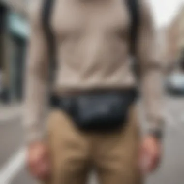 Individual using a fanny pack in an urban setting, emphasizing convenience