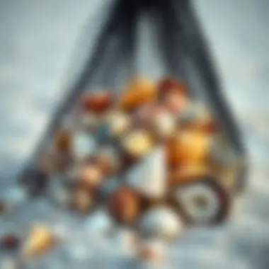 A close-up view of a mesh bag filled with colorful seashells on the beach