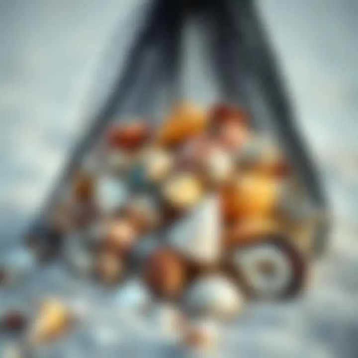 A close-up view of a mesh bag filled with colorful seashells on the beach