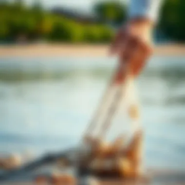 A scenic beach setting showcasing a person using a mesh bag to collect shells