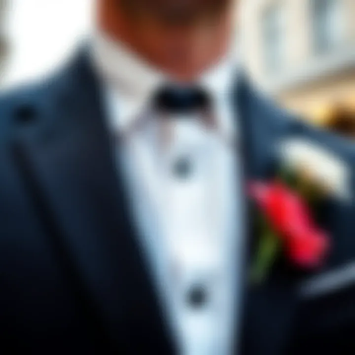 Close-up of a boutonniere paired with a tailored suit